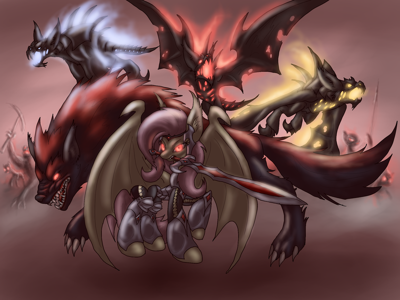 Size: 1024x768 | Tagged: safe, artist:cyrilunicorn, derpibooru import, fluttershy, ponified, bat, vampire, wolf, armor, badass, blade, crossover, flutterbadass, flutterbat, sacred, sacred: underworld, sword, video game, weapon