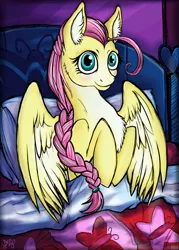 Size: 708x991 | Tagged: safe, artist:dezy-x29, derpibooru import, fluttershy, alternate hairstyle, bed, chest fluff, looking at you, pillow, solo