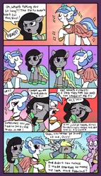 Size: 1827x3200 | Tagged: safe, artist:foxgirlkira, artist:pandan009, derpibooru import, berry punch, berryshine, derpy hooves, octavia melody, vinyl scratch, pegasus, pony, alternate hairstyle, amused, clothes, colored, comic, dress, female, laughing, mare, octavia is amused, vinyl class