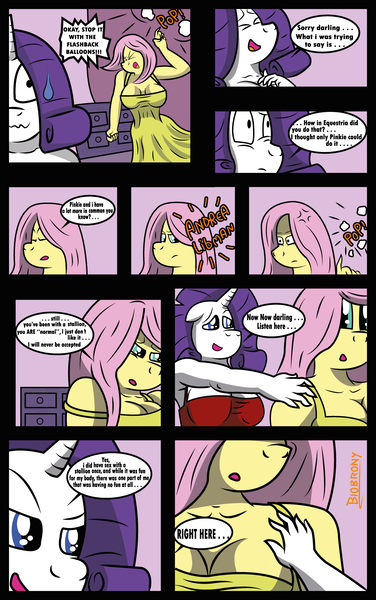 Size: 3673x5855 | Tagged: questionable, artist:biobrony, derpibooru import, fluttershy, rarity, anthro, comic:what the heart wants, breasts, busty fluttershy, busty rarity, clothes, comic, dialogue, dress, female, flarity, fourth wall, lesbian, shipping, voice actor joke