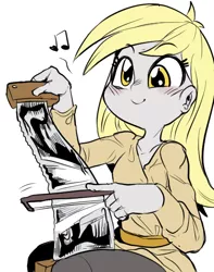 Size: 454x576 | Tagged: safe, artist:nekubi, derpibooru import, derpy hooves, equestria girls, rainbow rocks, blushing, clothes, cute, derpabetes, female, musical instrument, musical saw, saw, simple background, smiling, white background