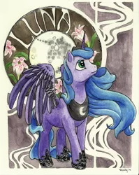 Size: 1000x1257 | Tagged: safe, artist:helicityponi, derpibooru import, princess luna, alicorn, pony, female, mare, mare in the moon, modern art, moon, nouveau, solo, traditional art, watercolor painting