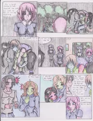 Size: 1275x1655 | Tagged: anthro, artist:zoarenso, breasts, comic, derpibooru import, maud pie, oc, oc:dizzy spell, oc:wing beat, pinkamena diane pie, pinkie pie, semi-grimdark, undocumented report