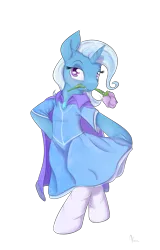 Size: 1375x2150 | Tagged: anthro, artist:alasou, bipedal, cape, clothes, derpibooru import, dress, flower, flower in mouth, looking at you, mouth hold, safe, semi-anthro, simple background, solo, transparent background, trixie, trixie's cape, vector