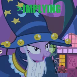 Size: 720x720 | Tagged: safe, derpibooru import, edit, edited screencap, screencap, twilight sparkle, pony, unicorn, luna eclipsed, 4chan, >implying, derp, female, greentext, implying, mare, meme, star swirl the bearded costume, text, unicorn twilight