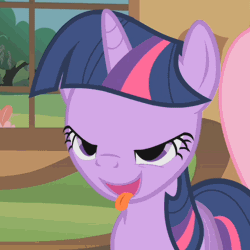 Size: 480x480 | Tagged: safe, derpibooru import, edit, screencap, fluttershy, twilight sparkle, pony, unicorn, a bird in the hoof, adorkable, animated, blinking, cute, dork, faic, female, invisible stallion, licking, licking lips, lidded eyes, looking at you, mare, mlem, open mouth, out of context, silly, smiling, solo focus, tongue out, unicorn twilight
