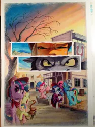 Size: 1023x1365 | Tagged: safe, artist:andypriceart, derpibooru import, idw, applejack, fluttershy, king longhorn, pinkie pie, rainbow dash, rarity, twilight sparkle, twilight sparkle (alicorn), alicorn, pony, rattlesnake, snake, alternate hairstyle, andy you magnificent bastard, bath, cattle rustlers, clint eastwood, cover, cowgirl, female, hat, idw advertisement, mane six, mare, shower cap, squint, squintjack, the good the bad and the ugly, the man with no name, trough, western