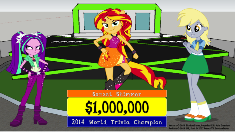 Size: 1500x844 | Tagged: safe, artist:imperfectxiii, artist:katequantum, artist:theshadowstone, derpibooru import, aria blaze, derpy hooves, sunset shimmer, equestria girls, rainbow rocks, duel, game show, millionaire, sleeveless