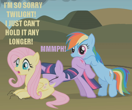 Size: 521x436 | Tagged: blushing, butt touch, derpibooru import, dragonshy, edit, edited screencap, faceful of ass, fetish, fluttershy, hoof on butt, out of context, pony centipede, poop eating, pooping, purple text, rainbow dash, scared, scat, screencap, suggestive, text, the human centipede, twilight sparkle