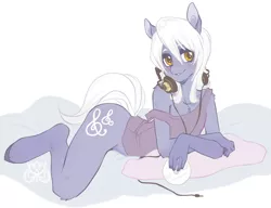 Size: 1086x832 | Tagged: anthro, artist:sweetlotus, background pony, bed, blushing, bottomless, cd, clothes, derpibooru import, femboy, headphones, male, royal riff, smiling, solo, solo male, suggestive, tanktop