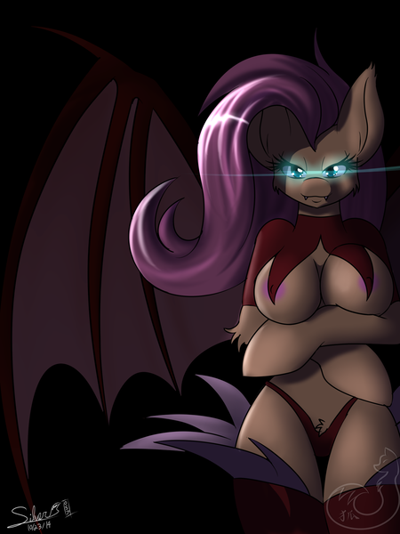 Size: 1500x2000 | Tagged: questionable, artist:silverfox057, derpibooru import, fluttershy, anthro, bat pony, succubus, arm hooves, bat ponified, bat wings, black background, breast curtains, breasts, busty fluttershy, covered nipples, fangs, female, flutterbat, glowing eyes, looking at you, race swap, simple background, solo, solo female, teasing, wings