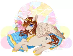 Size: 1280x985 | Tagged: safe, artist:sweetlotus, derpibooru import, oc, unofficial characters only, alicorn, pony, alicorn oc, ambiguous gender, clothes, flower, jewelry, male, necklace, peytral, pillow, princess, shoes, solo, stained glass, stallion, tiara