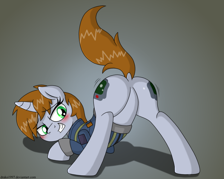 Size: 900x720 | Tagged: suggestive, artist:drako1997, derpibooru import, oc, oc:littlepip, unofficial characters only, pony, unicorn, fallout equestria, fanfic, bedroom eyes, blushing, butt shake, clothes, dock, face down ass up, fanfic art, featureless crotch, female, gradient background, gritted teeth, hooves, horn, looking at you, looking back, looking back at you, mare, plot, presenting, raised tail, solo, solo female, teeth, the ass was fat, vault suit