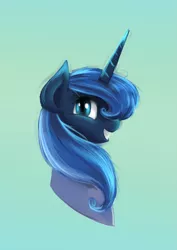 Size: 1447x2047 | Tagged: artist:lovelyneckbeard, derpibooru import, grin, looking at you, portrait, princess luna, profile, s1 luna, safe, smiling, solo, squee