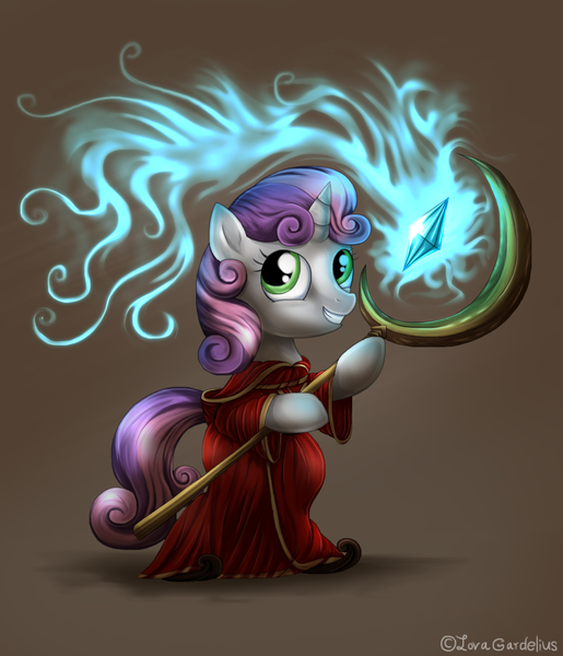 Size: 1143x1331 | Tagged: dead source, safe, artist:lova-gardelius, derpibooru import, sweetie belle, pony, unicorn, bipedal, clothes, crystal, dexterous hooves, female, mage, magicka, robe, solo, staff, wizard