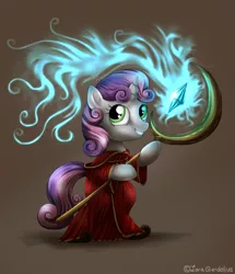 Size: 1143x1331 | Tagged: dead source, safe, artist:lova-gardelius, derpibooru import, sweetie belle, pony, unicorn, bipedal, clothes, crystal, dexterous hooves, female, mage, magicka, robe, solo, staff, wizard