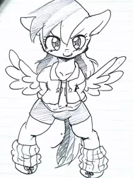 Size: 768x1024 | Tagged: dead source, safe, artist:yajima, derpibooru import, rainbow dash, pegasus, pony, semi-anthro, bipedal, clothes, female, jacket, lineart, looking at you, mare, monochrome, sketch, socks, solo