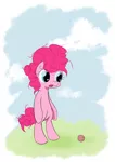 Size: 1283x1814 | Tagged: artist:kiwifingers, ball, derpibooru import, grass, pinkie pie, safe, sky, solo