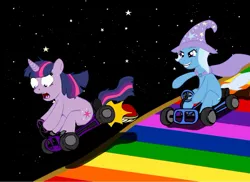 Size: 900x655 | Tagged: safe, artist:tamarapeluso, derpibooru import, trixie, twilight sparkle, pony, unicorn, female, go-kart, koopa shell, mare, mario kart, racing, rainbow road, red shell, super mario bros.