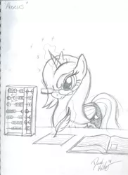 Size: 2550x3509 | Tagged: safe, artist:bigponymac, derpibooru import, princess luna, alicorn, pony, abacus, book, female, glasses, grayscale, magic, mare, monochrome, quill, s1 luna, solo, traditional art