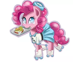 Size: 2000x1700 | Tagged: artist:scarletts-fever, burger, carhop, clothes, cute, diapinkes, food, hay burger, hilarious in hindsight, mouth hold, no pupils, pinkie pie, roller skates, safe, simple background, solo, white background