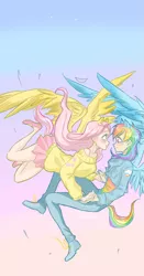 Size: 909x1737 | Tagged: safe, artist:kinnme, derpibooru import, fluttershy, rainbow dash, human, eared humanization, female, flutterdash, humanized, lesbian, shipping, tailed humanization, winged humanization