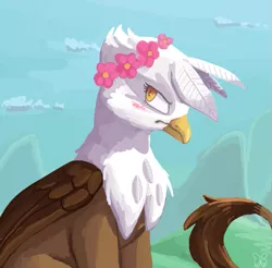 Size: 677x666 | Tagged: safe, artist:maneribbons, derpibooru import, gilda, gryphon, blushing, cloud, female, floral head wreath, flower, folded wings, frown, image, looking sideways, mountain, outdoors, png, sitting, solo, tsundere, wings