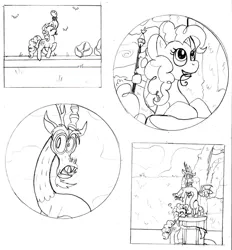 Size: 900x971 | Tagged: safe, artist:donnyfate, derpibooru import, discord, pinkie pie, comic, discopie, lineart, shipping, sketch