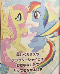 Size: 597x734 | Tagged: safe, artist:akira himekawa, derpibooru import, fluttershy, rainbow dash, pegasus, pony, cute, dashabetes, duo, eye contact, female, flying, heart, hoofbump, japanese, looking at each other, manga, mare, pucchigumi, shyabetes, smiling, text