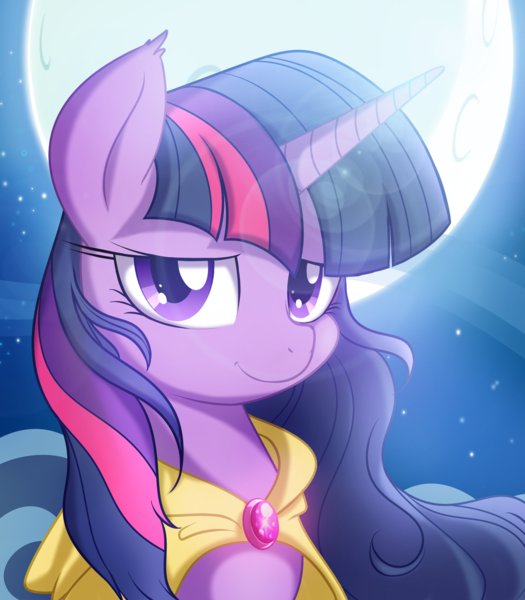 Size: 1400x1600 | Tagged: safe, artist:kyodashiro, derpibooru import, twilight sparkle, twilight sparkle (alicorn), alicorn, pony, bedroom eyes, cape, clothes, female, lens flare, looking at you, mare, moon, night, portrait, smiling, solo, windswept mane