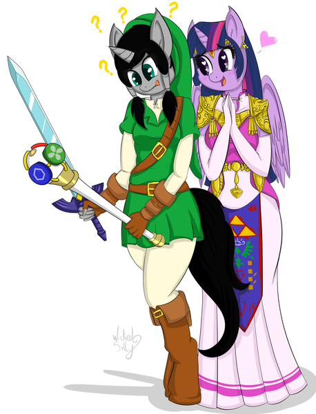 Size: 2915x3816 | Tagged: safe, artist:wickedsilly, derpibooru import, twilight sparkle, twilight sparkle (alicorn), oc, anthro, anthro oc, canon x oc, commission, cosplay, heart, high res, link, nintendo, princess zelda, question mark, rod, rod of seasons, sword, the legend of zelda, the legend of zelda: oracle of seasons, twizelda