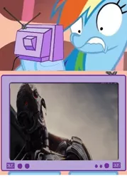 Size: 656x916 | Tagged: avengers: age of ultron, derpibooru import, exploitable meme, meme, obligatory pony, rainbow dash, safe, scared, tv meme, ultron