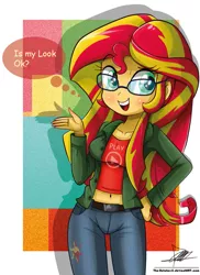 Size: 881x1212 | Tagged: safe, artist:the-butch-x, derpibooru import, sunset shimmer, equestria girls, adorkable, belly button, blushing, clothes, cute, dork, female, glasses, hipster, looking at you, midriff, open mouth, pants, shimmerbetes, shorts, signature, smiling, solo, thought bubble