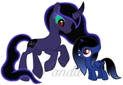 Size: 668x466 | Tagged: safe, artist:ipandacakes, derpibooru import, oc, oc:nightfly, oc:strellar moon, unofficial characters only, alicorn, pony, alicorn oc, interdimensional siblings, ms paint, offspring, parent:king sombra, parent:princess luna, parents:lumbra, simple background, solo, transparent background