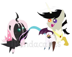 Size: 900x704 | Tagged: artist:ipandacakes, changeling oc, chibi, derpibooru import, duo, hybrid, interspecies offspring, magical lesbian spawn, oc, oc:chaotic, oc:pomf puff, offspring, parent:discord, parent:oc:fluffle puff, parent:princess celestia, parent:queen chrysalis, parents:canon x oc, parents:chrysipuff, parents:dislestia, pointy ponies, safe, unofficial characters only