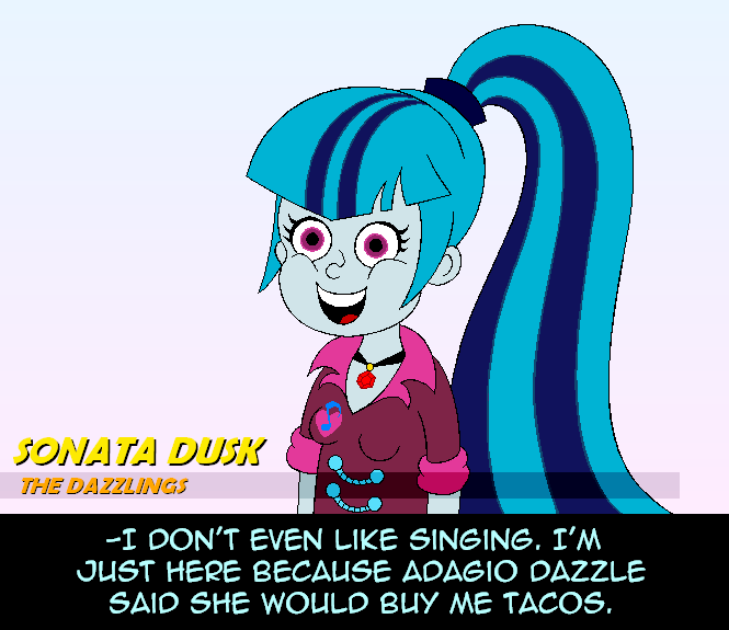 Size: 665x575 | Tagged: safe, artist:hellarmy, derpibooru import, sonata dusk, equestria girls, dialogue, solo, sonataco, toddlers and tiaras