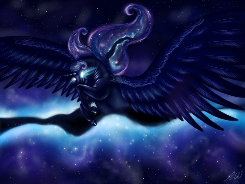 Size: 1600x1200 | Tagged: artist:ablm, derpibooru import, dreamscape, dream walker luna, epic, flying, glowing eyes, hoers, princess luna, realistic, safe, solo, spread wings