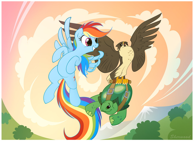 Size: 1280x960 | Tagged: safe, artist:sherwoodwhisper, derpibooru import, rainbow dash, tank, falcon, pegasus, pony, tortoise, flying, peregrine falcon, smiling