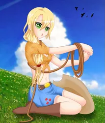 Size: 685x800 | Tagged: applejack, artist:srtagiuu, belly button, cute, front knot midriff, human, humanized, kneeling, lasso, midriff, safe, solo, srtagiuu is trying to murder us