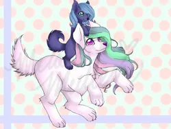 Size: 1600x1200 | Tagged: artist:marshmel-chan, cute, dog, dogified, filly, fluffy, frown, looking at you, moonmutt, princess celestia, princess luna, puppy, rearing, riding, s1 luna, safe, size difference, smiling, species swap, sunmutt, woona, younger