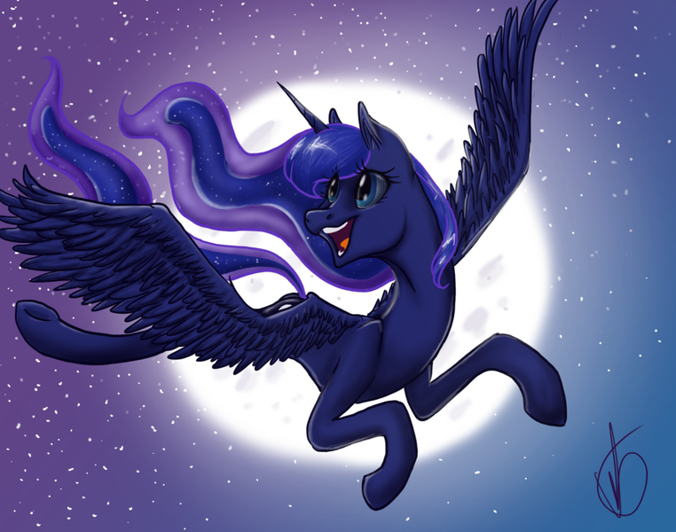 Size: 1023x806 | Tagged: artist:ebonytails, derpibooru import, flying, moon, open mouth, princess luna, safe, smiling, solo