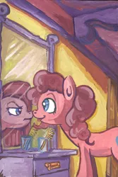 Size: 775x1159 | Tagged: artist:lexx2dot0, duality, gouache, mirror, pinkamena diane pie, pinkie pie, reflection, safe, scenery, solo, traditional art