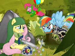 Size: 680x512 | Tagged: armor, artist:flutterlink, balloon, blushing, cosplay, crossover, derpibooru import, derpy hooves, fluttershy, ganondorf, hat, hylian shield, link, master sword, navi, pinkie pie, rainbow dash, safe, sword, the legend of zelda, tingle