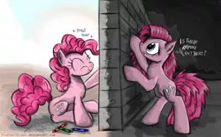 Size: 1456x900 | Tagged: artist:flutterthrash, derpibooru import, duality, happy, painting, pinkamena diane pie, pink floyd, pinkie pie, sad, semi-grimdark, the wall