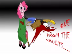 Size: 1024x768 | Tagged: grimdark, artist:litmauthor, derpibooru import, gilda, pinkie pie, gryphon, pony, blood, dr. frank n furter, eddie, meat loaf, rocky horror picture show