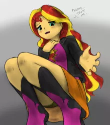 Size: 782x886 | Tagged: suggestive, artist:alloyrabbit, artist:varemia, derpibooru import, sunset shimmer, equestria girls, begging, black underwear, boots, breasts, clothes, colored, frilly underwear, looking at you, open mouth, panties, panty shot, perspective, pov, skirt, solo, underwear, upskirt