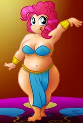 Size: 1600x2374 | Tagged: armpits, artist:aleximusprime, barefoot, belly dancer, bra, breasts, chubby, cleavage, clothes, curvy, cute, derpibooru import, diapinkes, feet, female, human, humanized, midriff, pinkie pie, plump, solo, solo female, suggestive, sweet dreams fuel, toes, underwear, wide hips