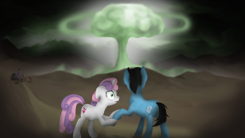 Size: 1024x576 | Tagged: safe, artist:teschke, derpibooru import, sweetie belle, oc, pony, unicorn, fallout equestria, fanfic, balefire bomb, barn, crying, cutie mark, explosion, fanfic art, female, floppy ears, hooves, horn, male, mare, megaspell, megaspell explosion, mushroom cloud, nuclear explosion, open mouth, stallion, sweet apple acres