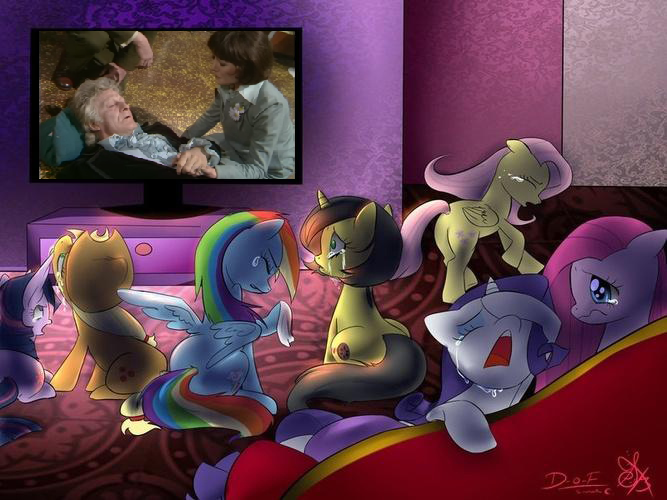 Size: 667x500 | Tagged: applejack, death, derpibooru import, doctor who, exploitable meme, fluttershy, jon pertwee, mane six, meme, oc, oc:pauly sentry, pinkie pie, rainbow dash, rarity, regeneration, sad movie meme, safe, sarah jane smith, twilight sparkle