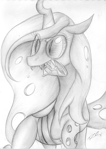 Size: 1751x2469 | Tagged: safe, artist:riquis101, derpibooru import, queen chrysalis, changeling, changeling queen, female, sketch, solo, traditional art